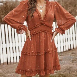 Rust Red Orange Glitter Stars V Neck Backless Ruff